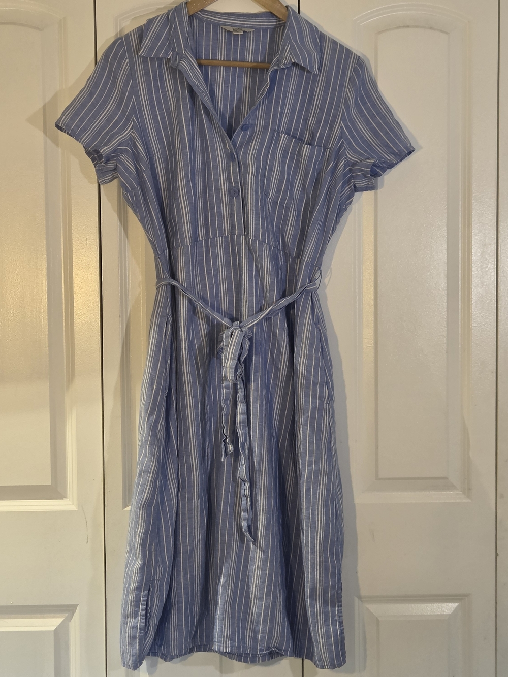 Croft & Barrow Womens Linen Blue Striped Button-Front Shirt Dress with Tie Waist